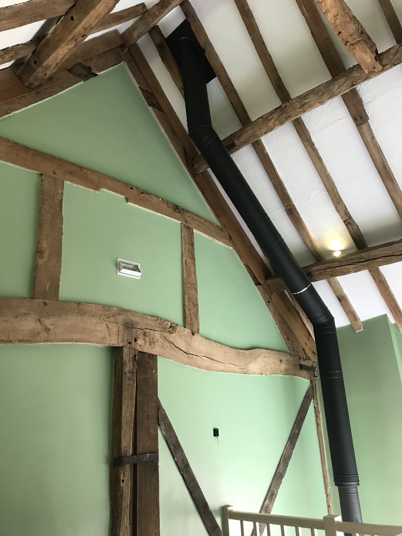 Green panels painted between old oak frame timbers